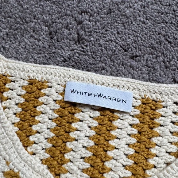 White + Warren Mustard and Cream Fine Cotton Crochet Sweater Top